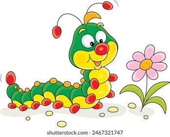 Funny cartoony caterpillar friendly smiling and looking at a beautiful summer flower, vector cartoon illustration isolated on a white background