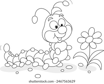 Funny cartoony caterpillar friendly smiling and looking at a beautiful flower in a summer garden, black and white outline vector cartoon illustration for a coloring book