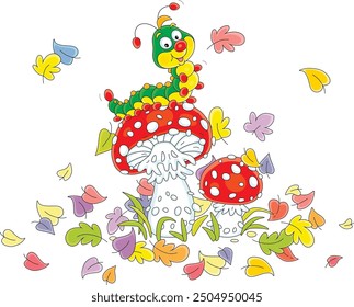 Funny cartoony caterpillar friendly smiling and sitting on a spotted red cap of a fly agaric among colorful fallen leaves in an autumn forest glade, vector cartoon illustration on a white background