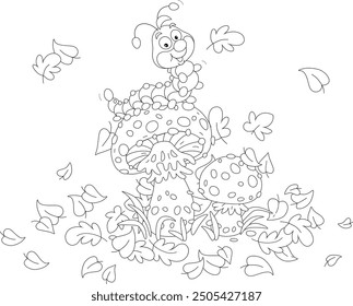 Funny cartoony caterpillar friendly smiling and sitting on a spotted cap of a fly agaric among fallen leaves in an autumn forest glade, black and white vector cartoon illustration for a coloring book