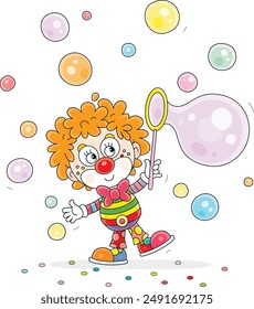 Funny cartoony circus clown blowing colorful soap bubbles and showing tricks, vector cartoon illustration on a white background