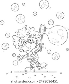 Funny cartoony circus clown blowing soap bubbles and showing tricks, black and white vector cartoon illustration for a coloring book