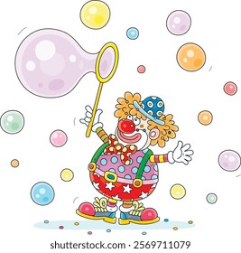 Funny cartoony circus clown blowing colorful soap bubbles and showing tricks, vector cartoon illustration on a white background