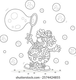 Funny cartoony circus clown blowing soap bubbles and showing tricks, black and white vector cartoon illustration for a coloring book