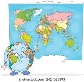 Funny cartoony globe pointing to countries on a political World map and talking about them for schoolchildren at a geographical lesson in a school class, vector cartoon illustration isolated on white