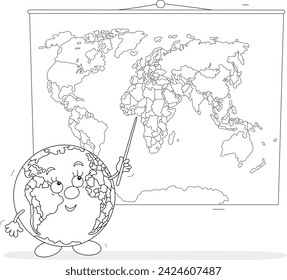 Funny cartoony globe pointing to countries on a political World map and talking about them for schoolchildren at a geographical lesson in a school class, black and white outline vector illustration