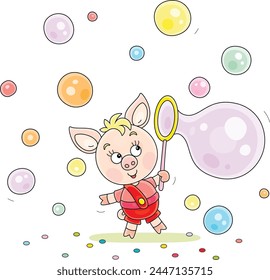 Funny cartoony little piglet blowing colorful soap bubbles, vector cartoon illustration on a white background