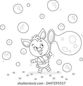 Funny cartoony little piglet blowing soap bubbles, black and white vector cartoon illustration for a coloring book