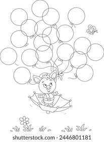 Funny cartoony little piglet flying in an umbrella with toy balloons and merry butterfly over a summer lawn, black and white vector cartoon illustration for a coloring book