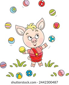 Funny cartoony little piglet merrily juggling with colorful small toy balls on a green summer lawn, vector cartoon illustration on a white background