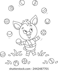 Funny cartoony little piglet merrily juggling with small balls on a summer lawn, black and white outline vector cartoon illustration for a coloring book