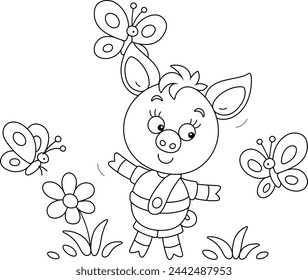 Funny cartoony little piglet merrily playing with butterflies on a summer lawn, black and white outline vector cartoon illustration for a coloring book