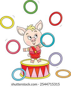 Engraçado cartunista pequeno leitão alegremente malabarismo com anéis de brinquedo coloridos em um circo divertido desempenho, ilustração de desenho animado de vetor em um fundo branco