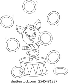 Divertido cerdito de dibujos animados alegremente haciendo malabares con Pequeños anillos de juguete en una divertida actuación de circo, ilustración de dibujos animados de Vector de contorno en blanco y negro para un libro para colorear