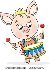 Funny cartoony little piglet merrily drumming, vector cartoon illustration on a white background