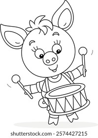 Funny cartoony little piglet merrily drumming, black and white outline vector cartoon illustration for a coloring book