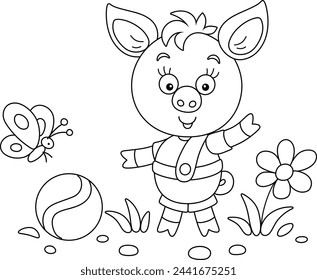 Funny cartoony little piglet playing with its ball and merry butterfly on a summer lawn, black and white outline vector cartoon illustration for a coloring book