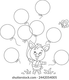 Funny cartoony little piglet playing with toy air balloons and merry butterfly on a summer lawn in a park, black and white outline vector cartoon illustration for a coloring book