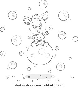 Funny cartoony little piglet riding on a big soap bubble among many other soapbubbles flying around, black and white vector cartoon illustration for a coloring book