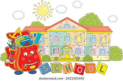 Funny cartoony schoolbag character friendly smiling and waving in greeting before start of classes on the background of a pretty school on a sunny day, vector cartoon illustration on white