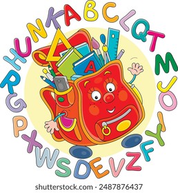 Funny cartoony schoolbag friendly smiling and waving in greeting, surrounded by colorful letters of alphabet, vector cartoon illustration on a white background