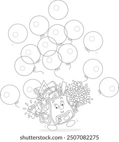 Funny cartoony schoolbag holding holiday balloons and ringing its bell on the last or first day of school, black and white outline vector illustration for a coloring book