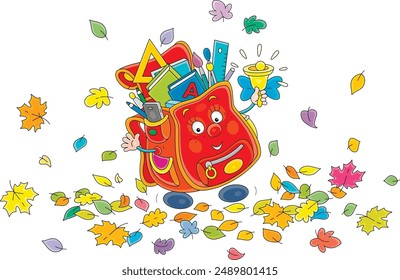 Funny cartoony schoolbag ringing its bell among colorful autumn leaves on the first day of school, vector cartoon illustration on a white background