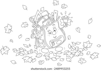 Funny cartoony schoolbag ringing its bell among autumn leaves on the first day of school, black and white outline vector illustration for a coloring book