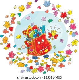 Funny cartoony schoolbag with textbooks, notebooks, rulers, pencils and pens, ringing its bell among colorful autumn leaves on the first day of school, vector cartoon illustration on white