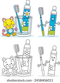 Divertido cepillo de dientes de caricatura y pasta de dientes para la limpieza de los dientes de bebé, un conjunto de colores e ilustraciones de dibujos animados de Vector en blanco y negro