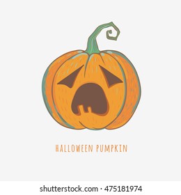 funny carved pumpkin isolated on white, vector Halloween illustration, bored pumpkin with big mouth