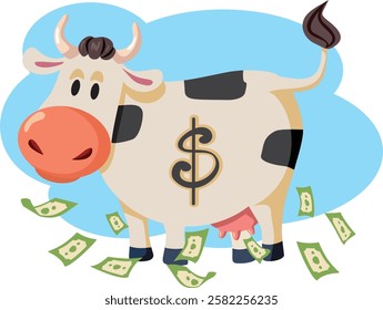 
Funny Cash Cow Vector Conceptual Mascot Design. Source of infinite wealth and richness for profit during capitalism
