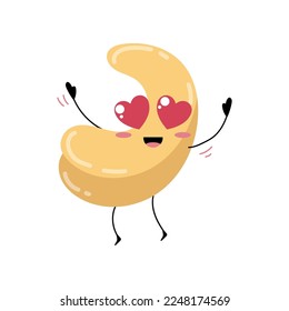 Funny cashew with cute face cartoon illustration. Cashew, cashew with heart eyes. Vegan or vegetarian food, seed, love, emotion concept