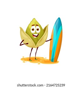 Funny Cashew Nut Character With Surf Board. Cartoon Vector Unpeeled Kernel Personage Practice Surfing Sport On Tropical Beach. Healthy Lifestyle, Natural Nutrition. Cheerful Cashew