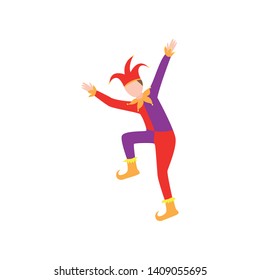 Funny castle jester or fool man in colorful clothes