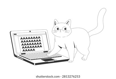 Funny cat accidentally typing on laptop line art character. Humorous remote work. Cute feline pet stepping on keyboard to scream isolated vector outline animal. Monochromatic spot illustration
