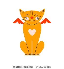 Funny cat angel. Romantic character for Happy Valentine's Day. Hand draw vector illustration.