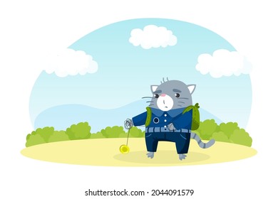 Funny Cat Animal in Blue School Uniform with School Back Playing Yoyo Vector Set