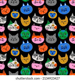 Funny cat animal cartoon seamless pattern in colorful flat illustration style. Cute kitten pet background, diverse domestic cats wallpaper.