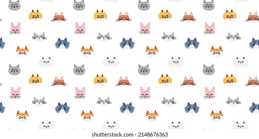 Funny cat animal cartoon seamless pattern in retro flat illustration style. Cute kitten pet background, diverse domestic cats breed wallpaper.