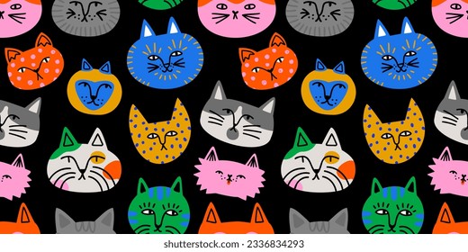 Funny cat animal cartoon seamless pattern in colorful flat illustration style. Cute kitten pet background, diverse domestic cats wallpaper.