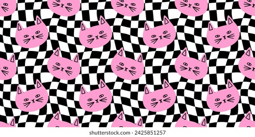 Funny cat animal cartoon seamless pattern. Retro checkered pet background texture. Trendy wavy checker board print, cute kitten doodle wallpaper.