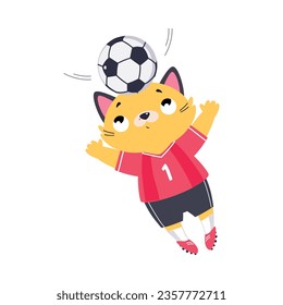 Funny Cat Animal Character Playing Football Wearing Uniform Passing Ball Vector Illustration
