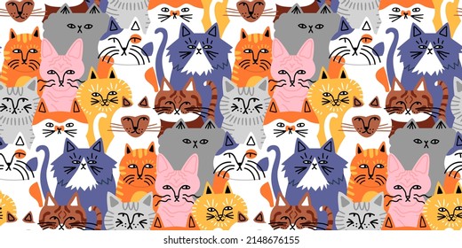 Funny cat animal crowd cartoon seamless pattern in flat illustration style  Cute kitten pet group background  diverse domestic cats breed wallpaper 