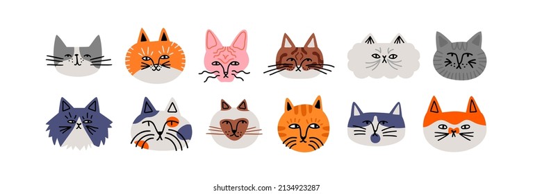 Funny cat animal head cartoon set in modern flat illustration style. Cute kitten pet collection, diverse breeds - domestic cats bundle.