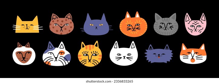 Funny cat animal head cartoon set in modern flat illustration style. Cute kitten pet collection, diverse breeds - domestic cats bundle.