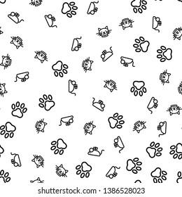 Funny Cat Animal Life Seamless Pattern Vector. Cute Pet Kitten Silhouette, Animal Paw Trace Or Footstep And Mechanic Mouse Toy Monochrome Texture Icons. Veterinary Nursery Template Flat Illustration