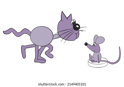 funny cat approaches the mouse, cartoon, on a white background