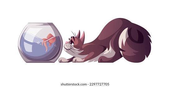 Funny cat with aquarium fish. Isolated Vector illustration for card, postcard, cover.