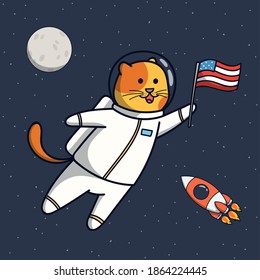 Funny Cat Astronaut Illustration With America Flag